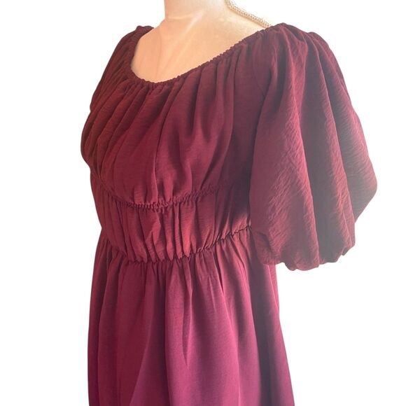 Womens Burgundy Smocked Babydoll Milkmaid Dress Sz S Coquette Romantic Costume - Picture 4 of 10